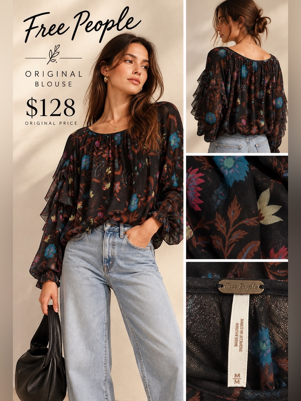 Free People Blouse with Flowers Long Sleeve Top